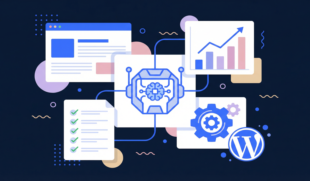 Flat illustration of an AI agent workflow showing interconnected automation steps for SEO content production