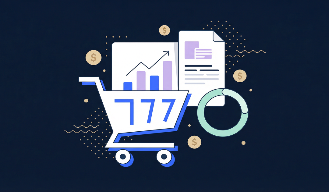 A flat vector illustration showing abstract UI elements like charts and shopping icons, representing an increase in average order value.