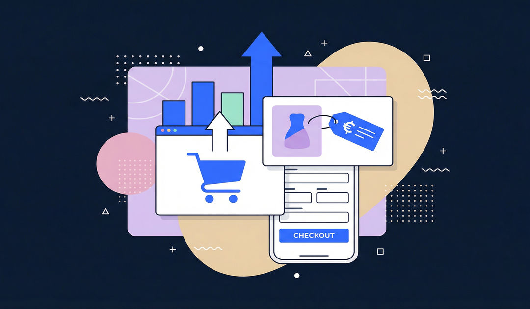 Abstract flat illustration of ecommerce charts, shopping cart icons, and growth graphs representing data-driven strategies to increase online sales