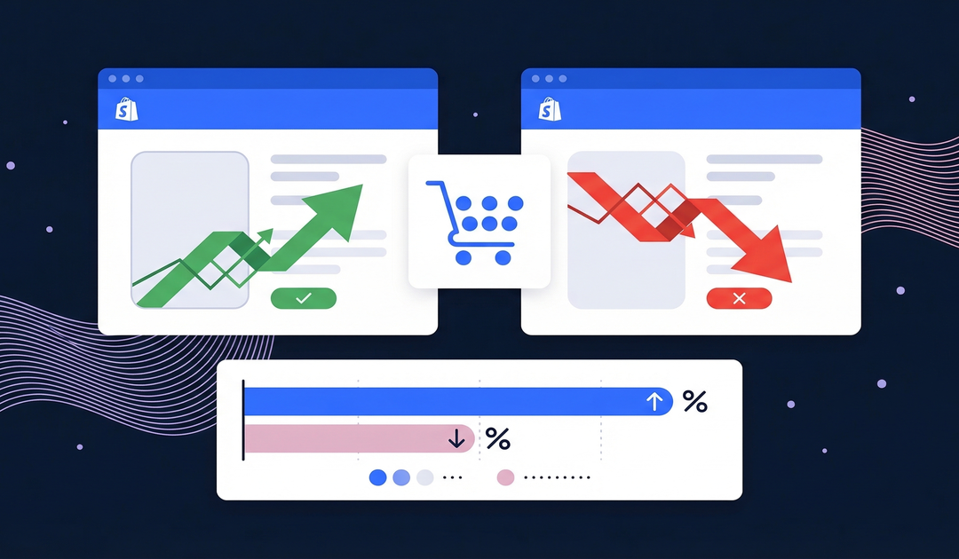 A conceptual flat illustration of A/B testing, showing two different browser windows with charts and graphs, on a dark navy background with bright blue accents.