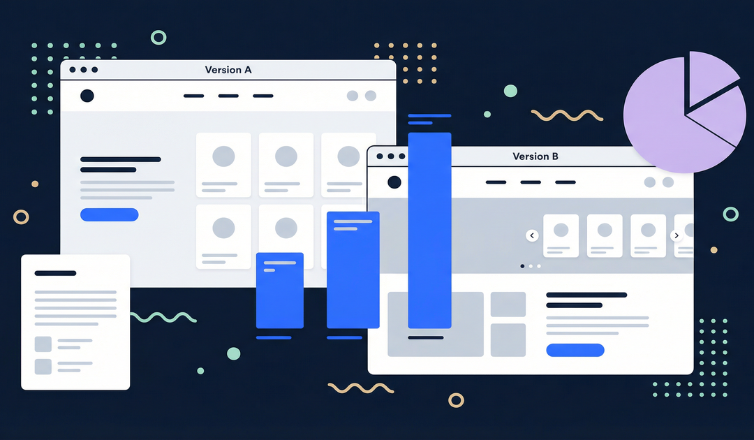 A flat vector illustration showing a Shopify storefront with two variations being A/B tested, with charts and graphs in the background showing performance data.