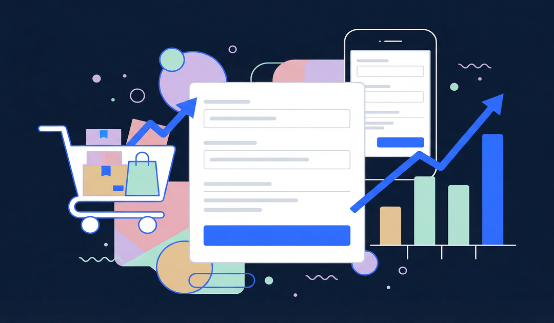 Abstract illustration of a high converting Shopify checkout process with data charts and shopping elements