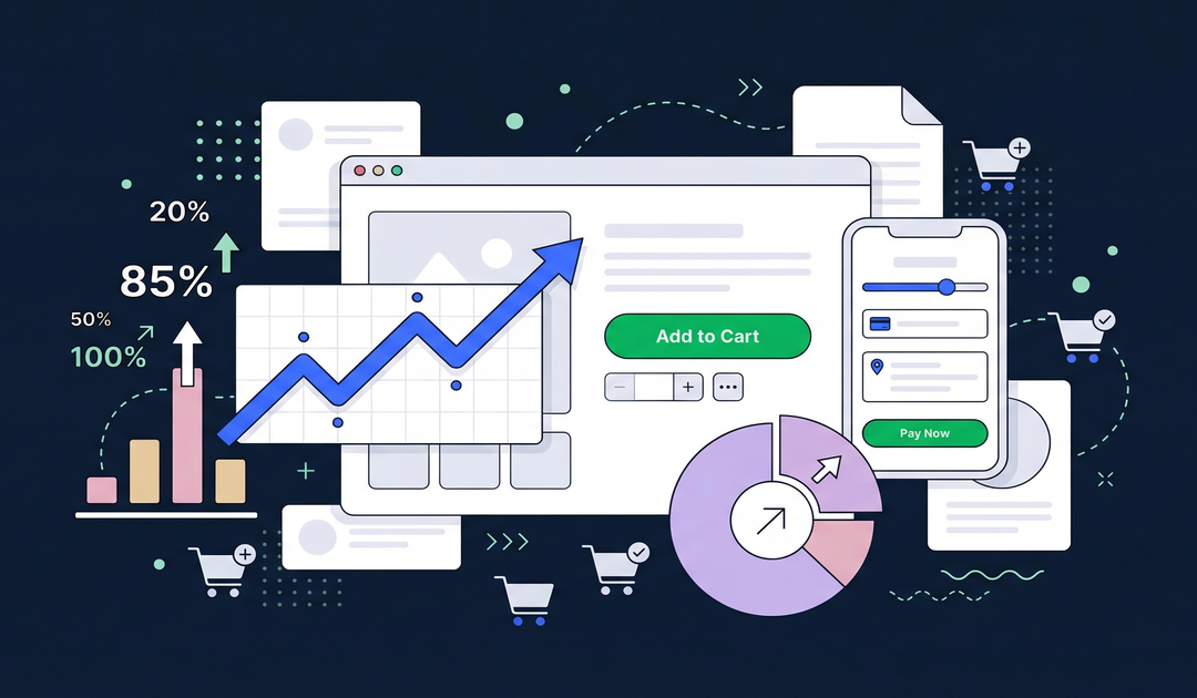 Flat vector illustration of Shopify conversion rate optimization showing abstract UI elements, charts, and ecommerce icons on a dark navy background