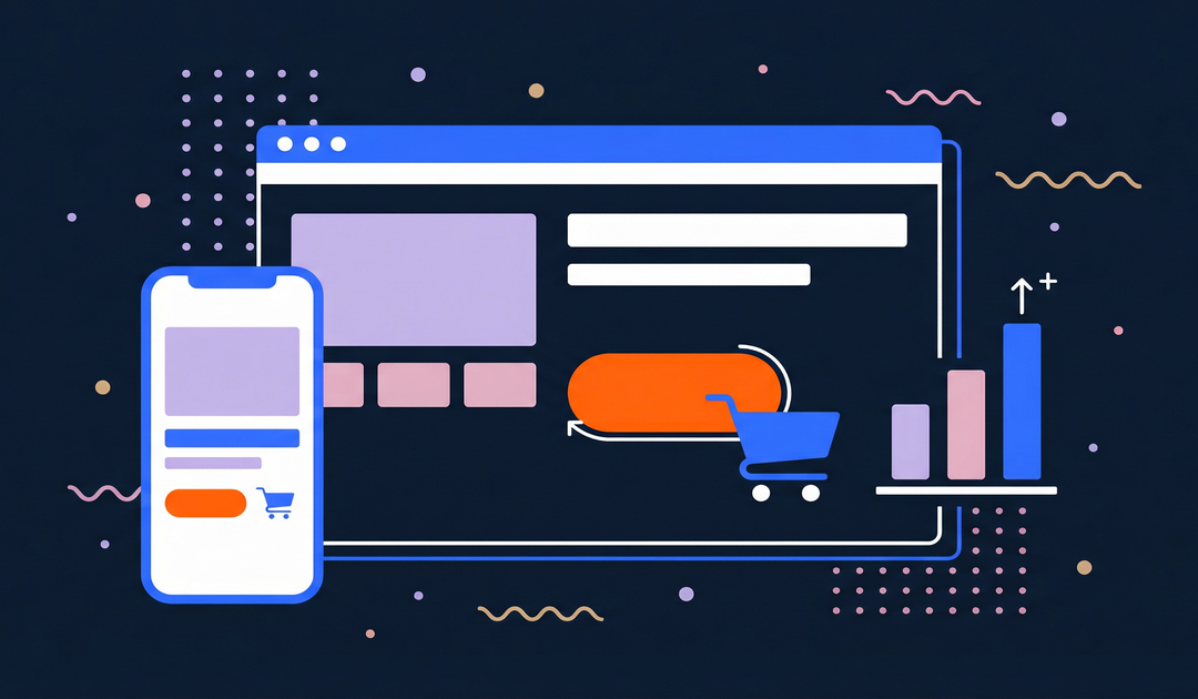 A flat vector illustration showing an optimized Shopify product page with charts and conversion rate icons, representing systematic revenue growth.