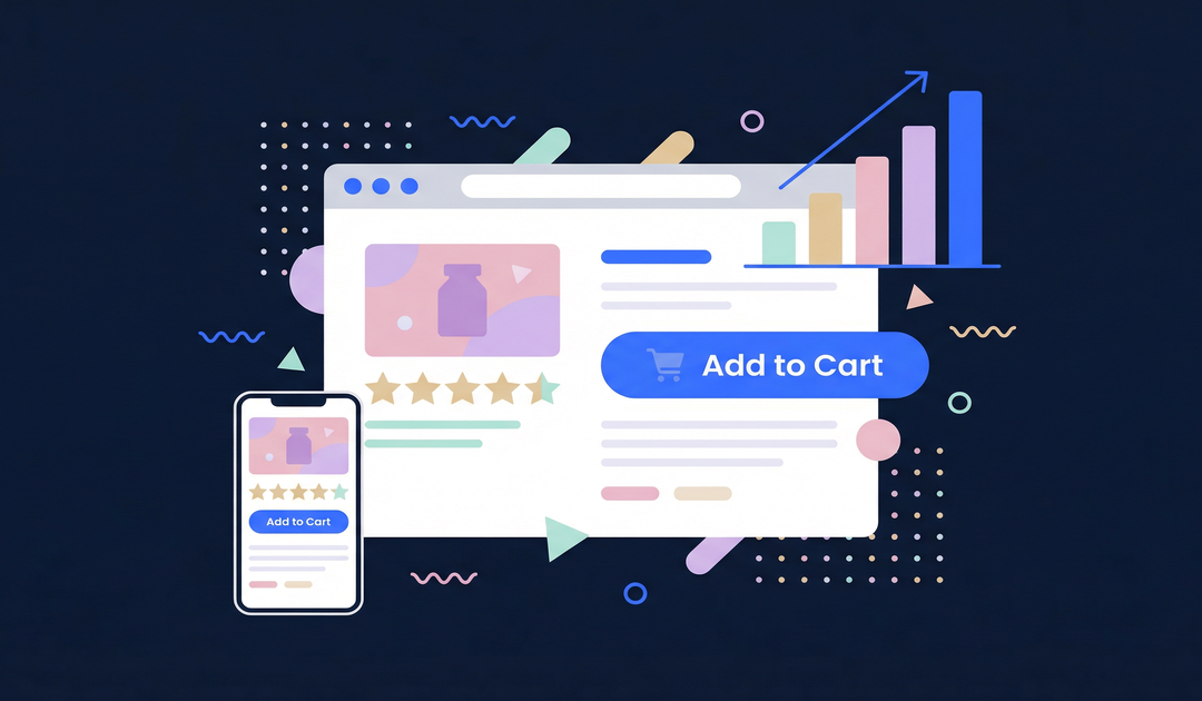 An abstract illustration of an optimized Shopify product page with charts and UI elements, representing conversion rate growth.