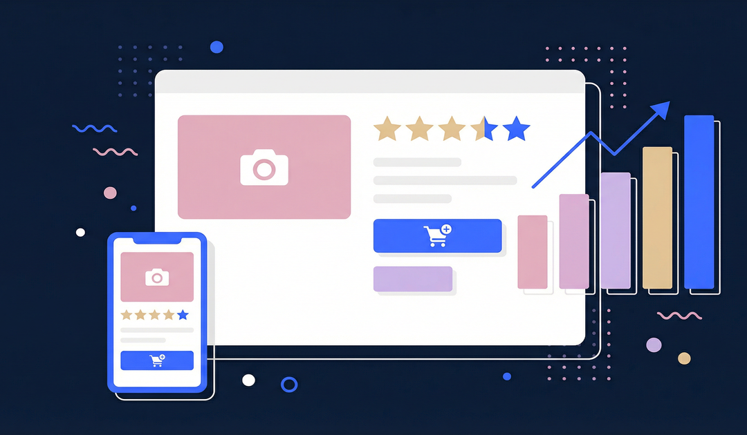 An abstract flat vector illustration of a Shopify product page being optimized with charts and graphs, on a dark navy background with bright blue accents.